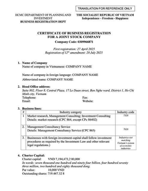 Vietnam certificate of business registration  Word and PDF template